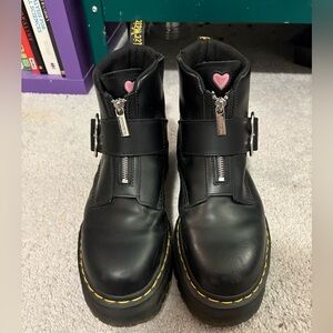 Dr. Martens Black Leather Platform Combat Boots with Pink Heart Accent